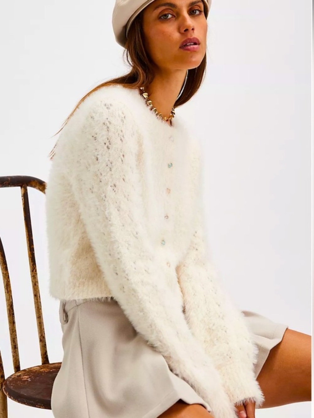 Free People Celeste Cozy Cardi Cream Fuzzy Button-Up Cardigan Embellished Jewel